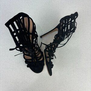 Gianvito Rossi Black Suede Caged Lace Up Heels 9